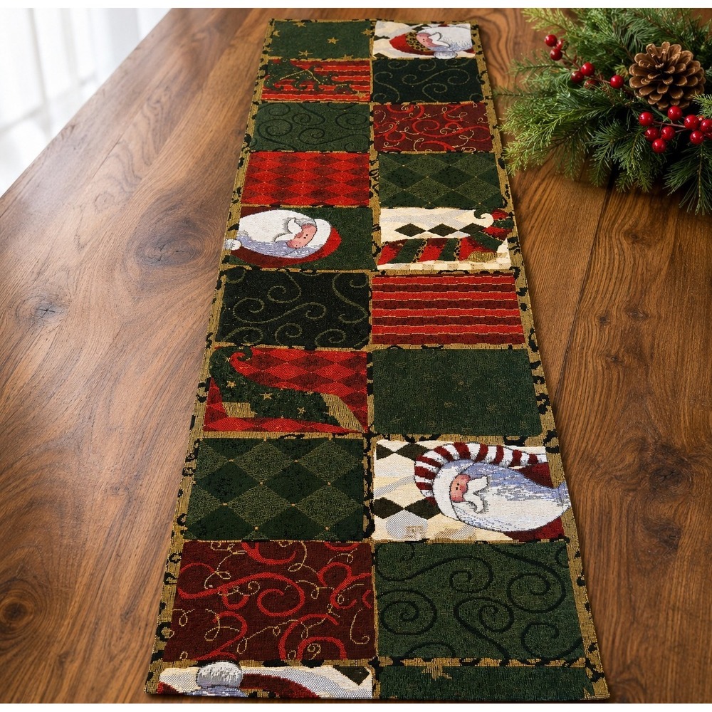 Signature Homestyles Christmas Tapestry Table Runner Santa Patchwork 49" Holiday